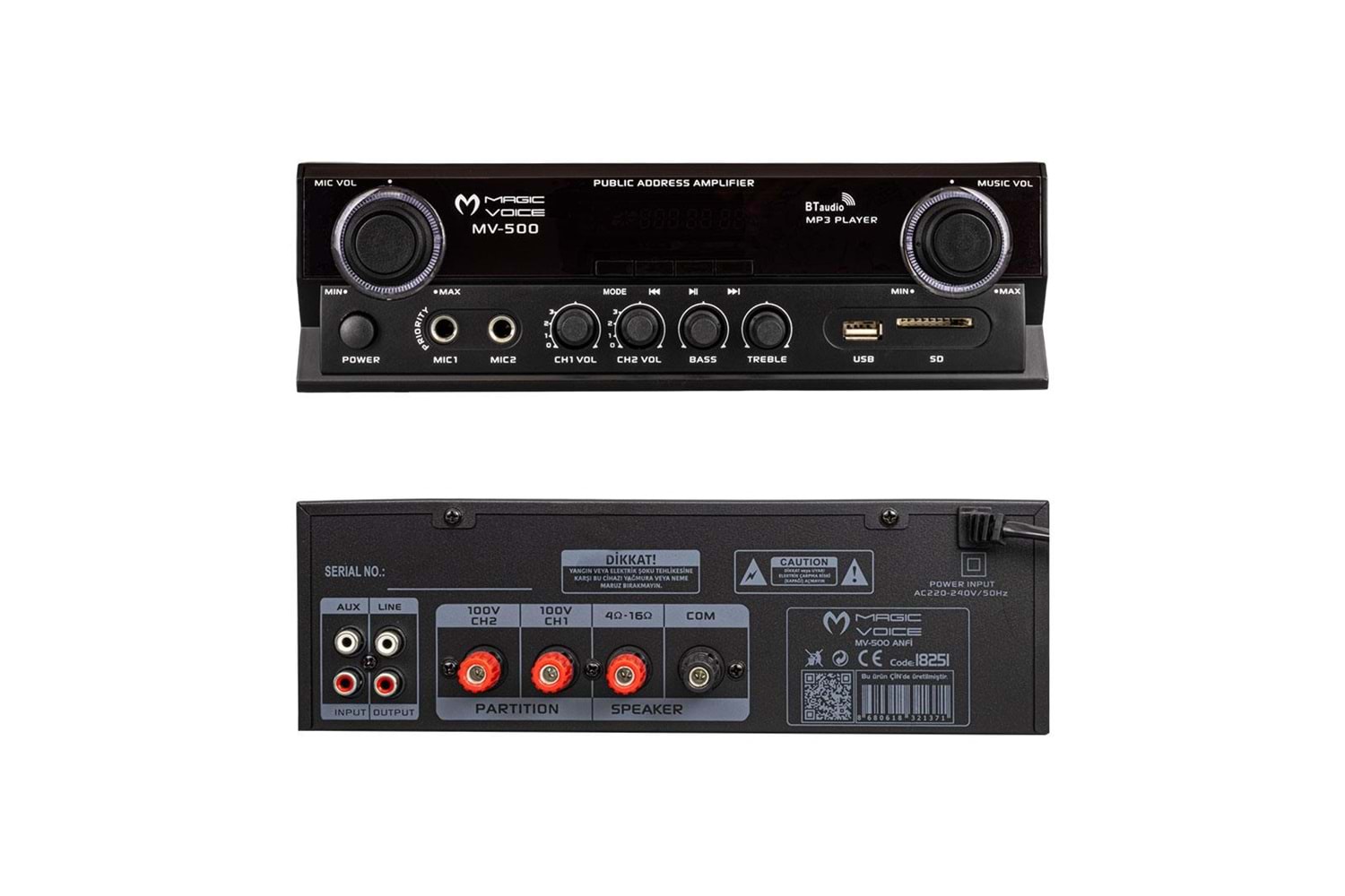 MAGICVOICE MV-500 100 WATT USB/SD GİRİŞLİ KUMANDALI BLUETOOTH 2 BÖLGELİ HAT TRAFOLU ANFİ 260X210X80M