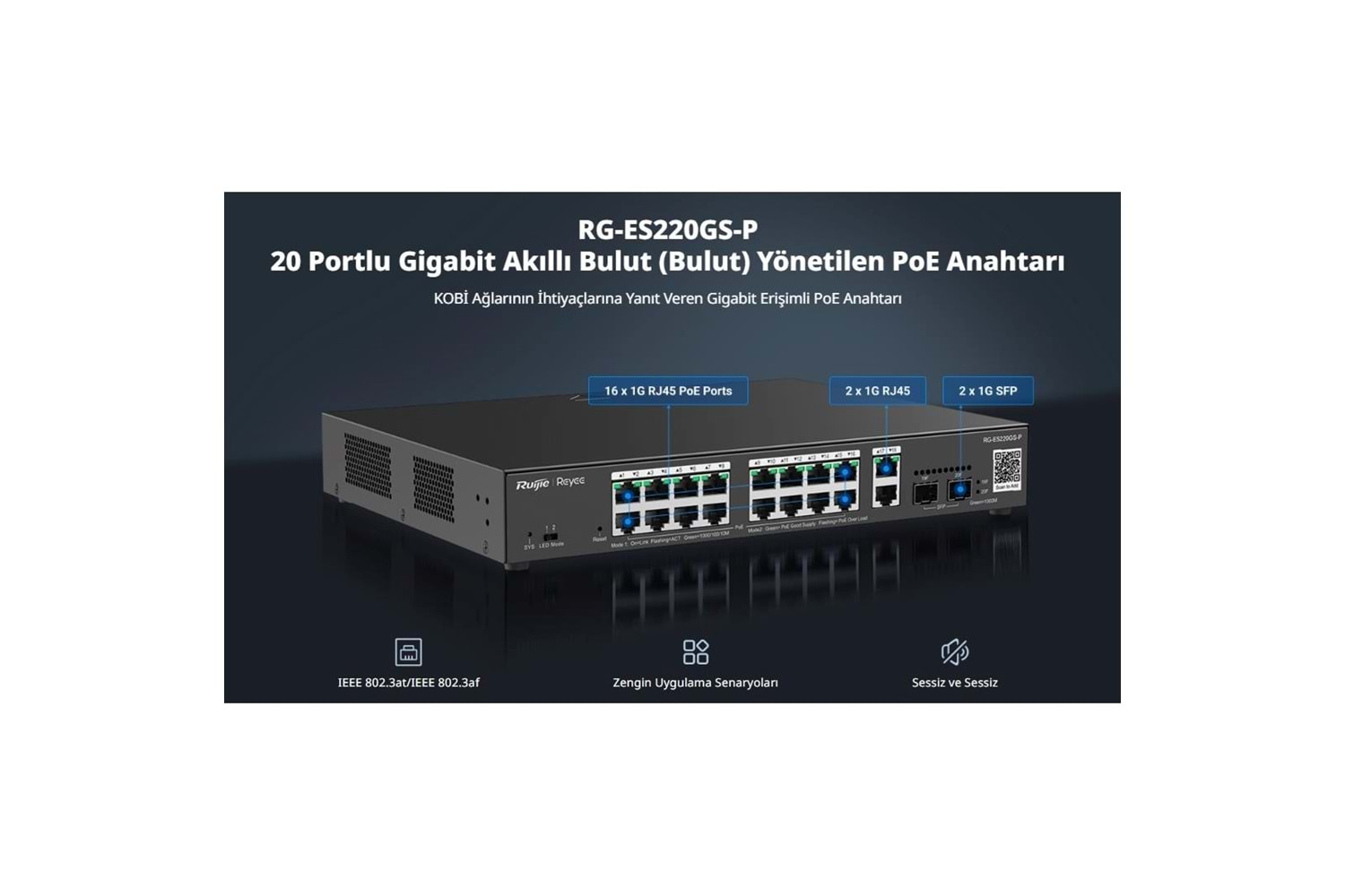 RUIJIE REYEE 16port RG-ES220GS-P GIGABIT 2-UPLINK 2-SFP 250W YÖNETİLEBİLİR POE SWITCH